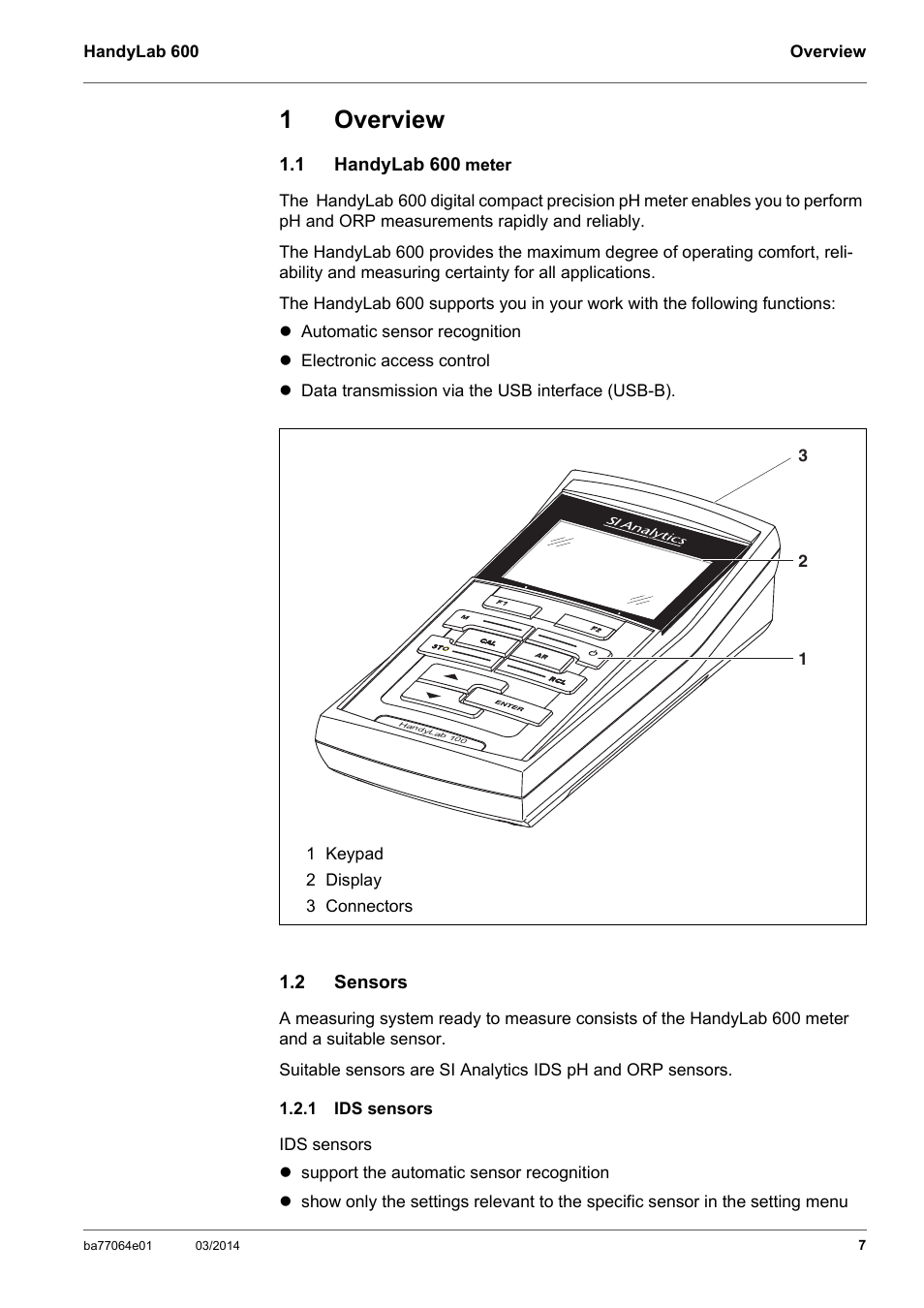1 overview, 1 handylab 600 meter, 2 sensors | 1 ids sensors, Overview, Handylab 600 meter, Sensors, Ids sensors, 1overview | Xylem HandyLab 600 User Manual | Page 7 / 72