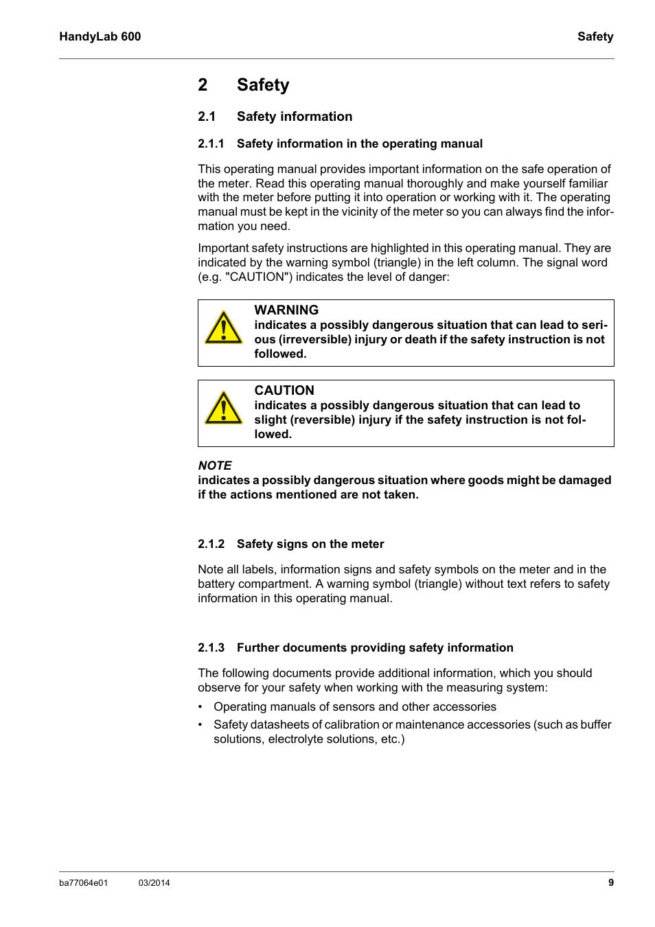 2 safety, 1 safety information, 1 safety information in the operating manual | 2 safety signs on the meter, 3 further documents providing safety information, Safety, Safety information, Safety information in the operating manual, Safety signs on the meter, Further documents providing safety information | Xylem HandyLab 600 User Manual | Page 9 / 72