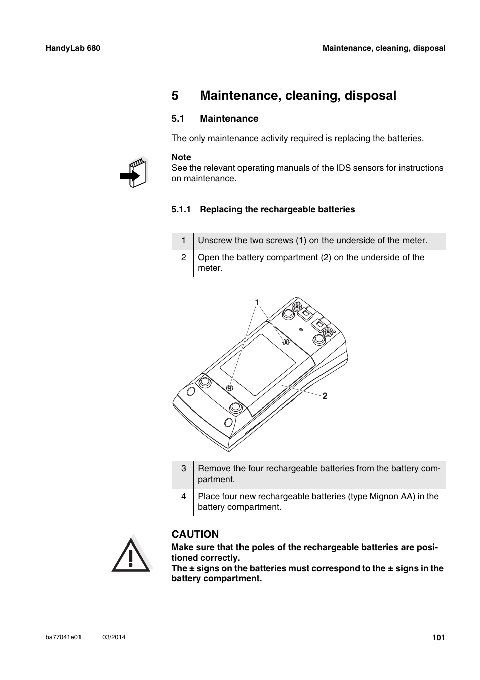 5 maintenance, cleaning, disposal, 1 maintenance, 1 replacing the rechargeable batteries | Maintenance, cleaning, disposal, Maintenance 5.1.1, Replacing the rechargeable batteries, 5maintenance, cleaning, disposal | Xylem HandyLab 680 User Manual | Page 101 / 120