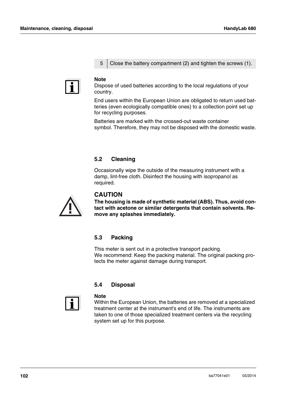 2 cleaning, 3 packing, 4 disposal | Cleaning, Packing, Disposal | Xylem HandyLab 680 User Manual | Page 102 / 120