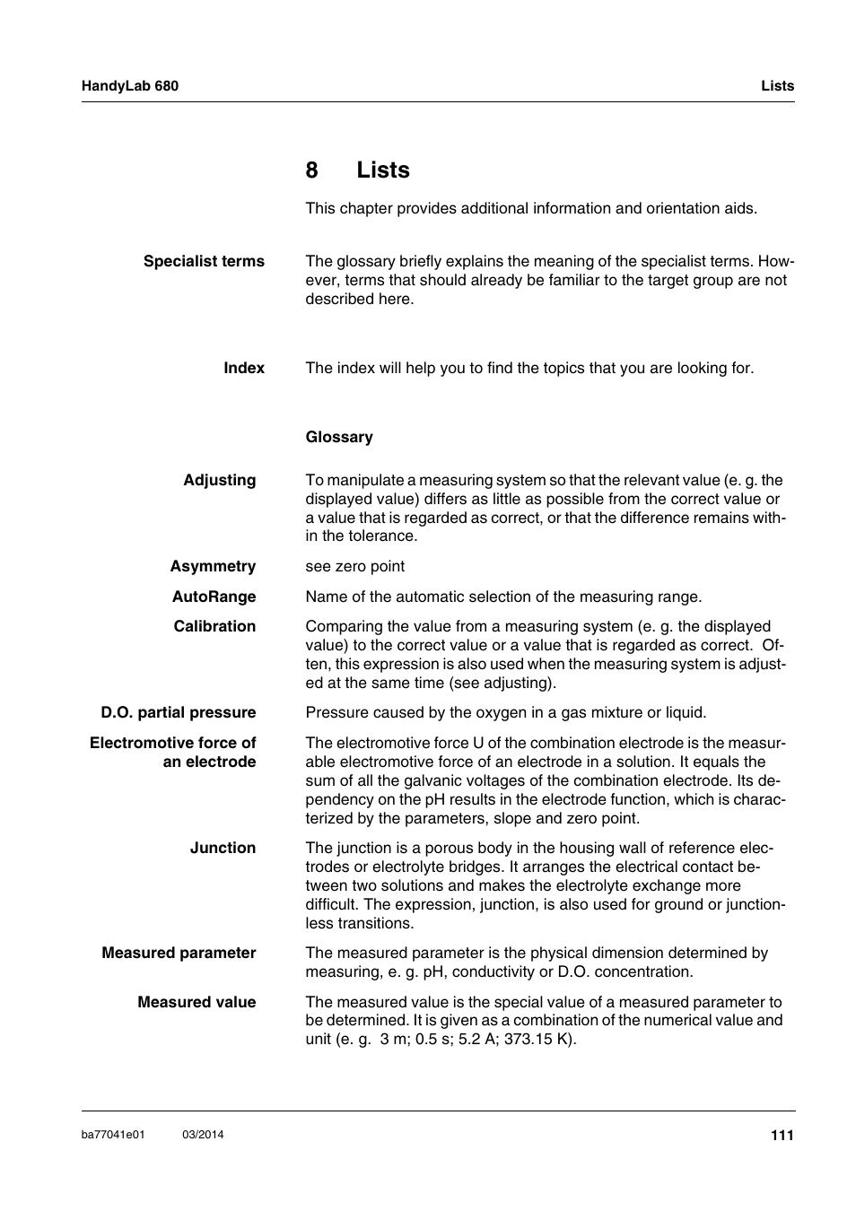 8 lists, Lists, 8lists | Xylem HandyLab 680 User Manual | Page 111 / 120