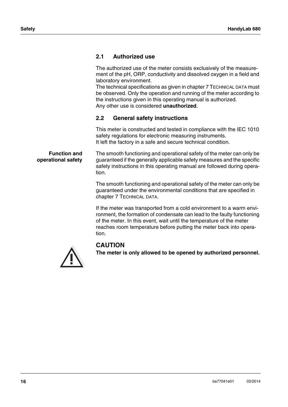 1 authorized use, 2 general safety instructions, Authorized use | General safety instructions, Caution | Xylem HandyLab 680 User Manual | Page 16 / 120