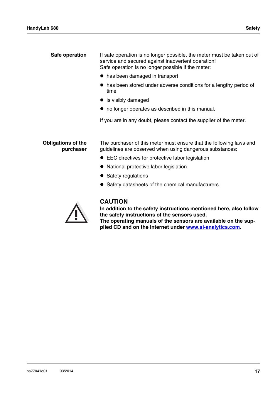 Caution | Xylem HandyLab 680 User Manual | Page 17 / 120