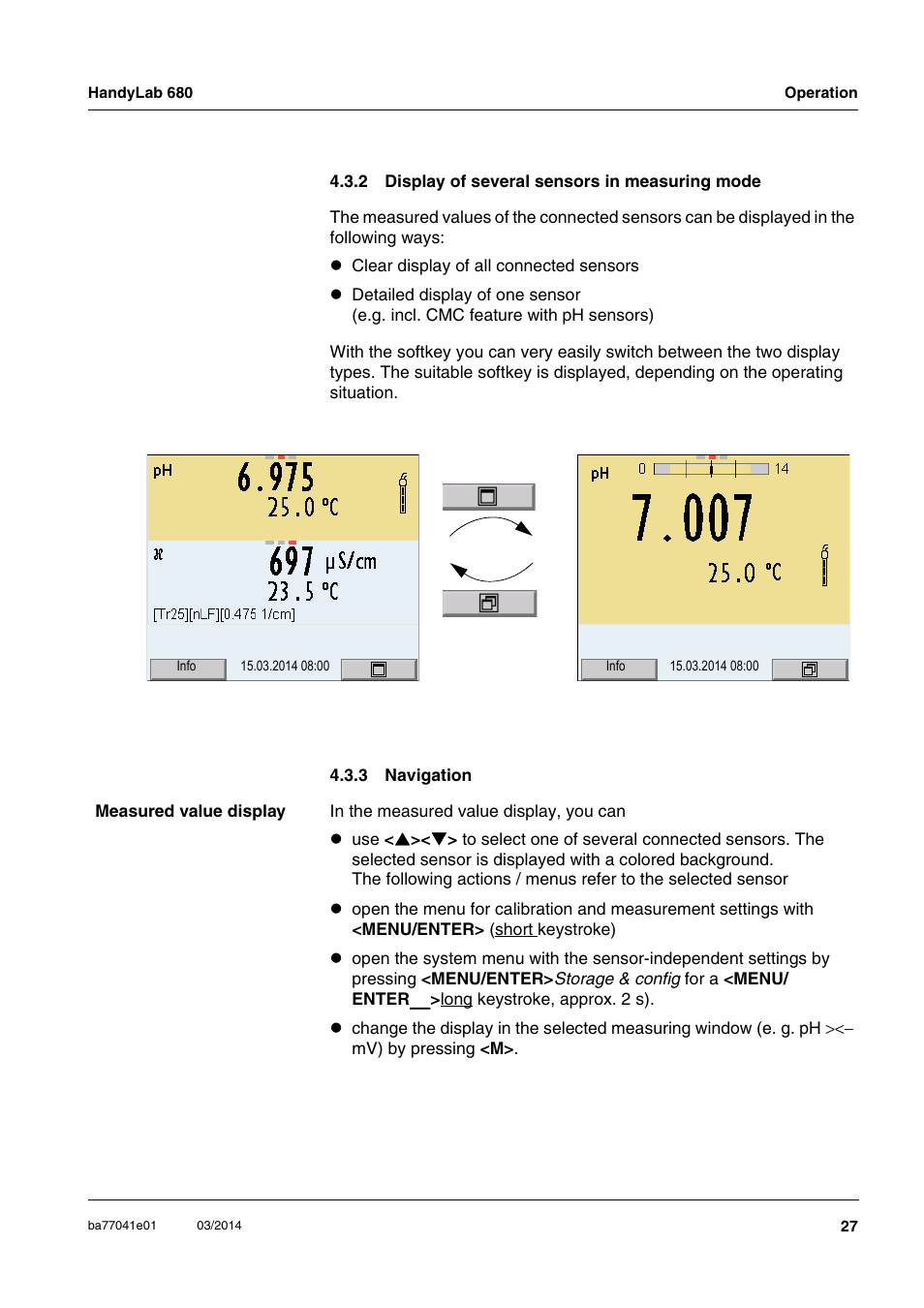 2 display of several sensors in measuring mode, 3 navigation, Display of several sensors in measuring mode . 27 | Navigation, Section 4.3.3 | Xylem HandyLab 680 User Manual | Page 27 / 120