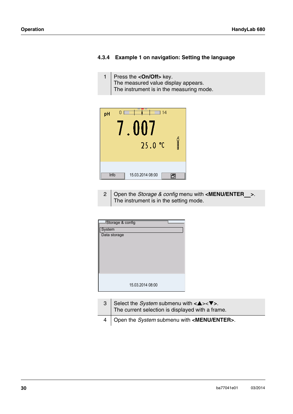 4 example 1 on navigation: setting the language, Example 1 on navigation: setting the language. 30 | Xylem HandyLab 680 User Manual | Page 30 / 120