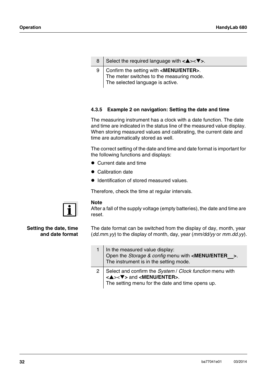 Example 2 on navigation: setting the date and time | Xylem HandyLab 680 User Manual | Page 32 / 120