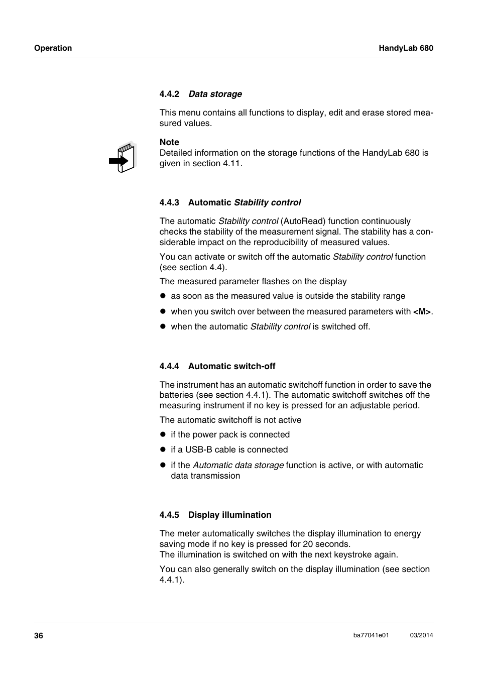 2 data storage, 3 automatic stability control, 4 automatic switch-off | 5 display illumination, Automatic stability co, Automatic switch-off, Display illumination, Ent (see section 4.4.3 | Xylem HandyLab 680 User Manual | Page 36 / 120