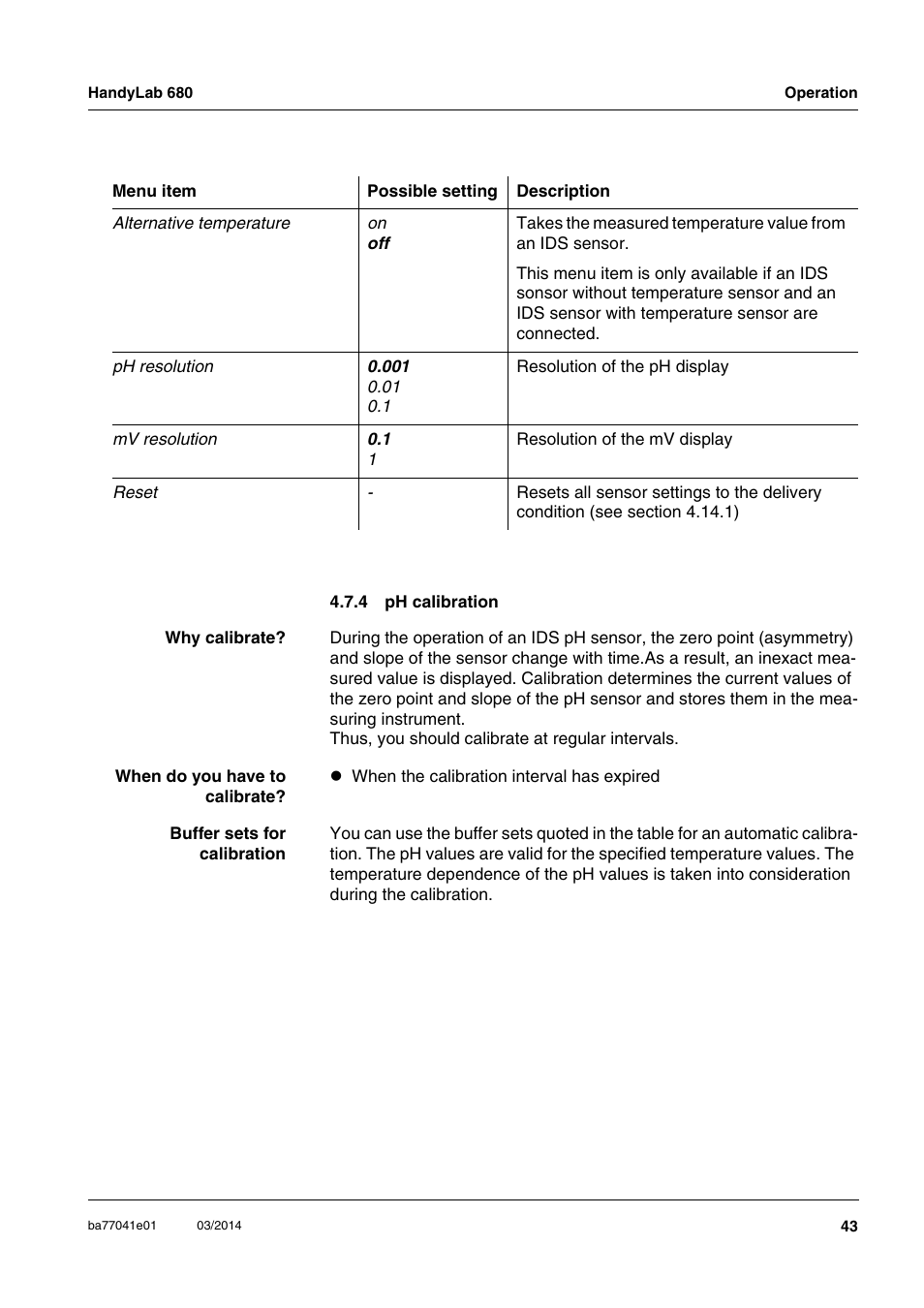 4 ph calibration, Ph calibration | Xylem HandyLab 680 User Manual | Page 43 / 120