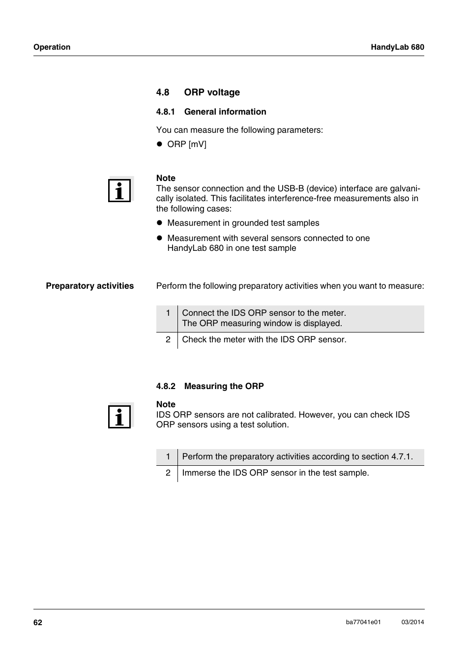 8 orp voltage, 1 general information, 2 measuring the orp | Orp voltage 4.8.1, General information, Measuring the orp | Xylem HandyLab 680 User Manual | Page 62 / 120