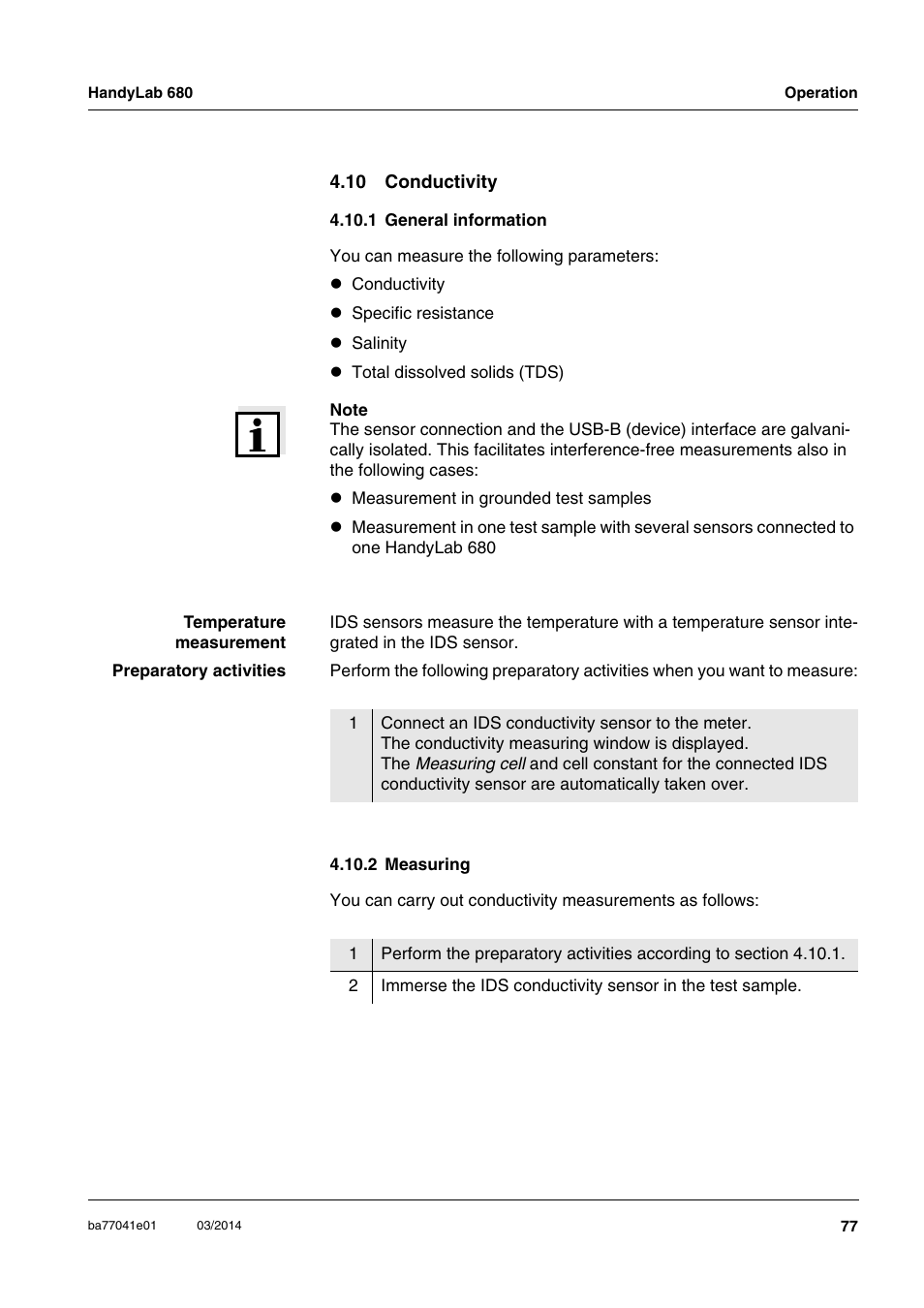 10 conductivity, 1 general information, 2 measuring | 1 general information 4.10.2 measuring | Xylem HandyLab 680 User Manual | Page 77 / 120