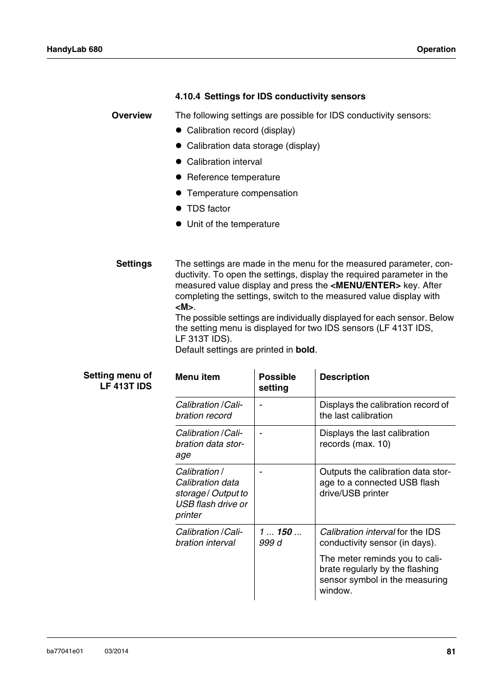 4 settings for ids conductivity sensors | Xylem HandyLab 680 User Manual | Page 81 / 120