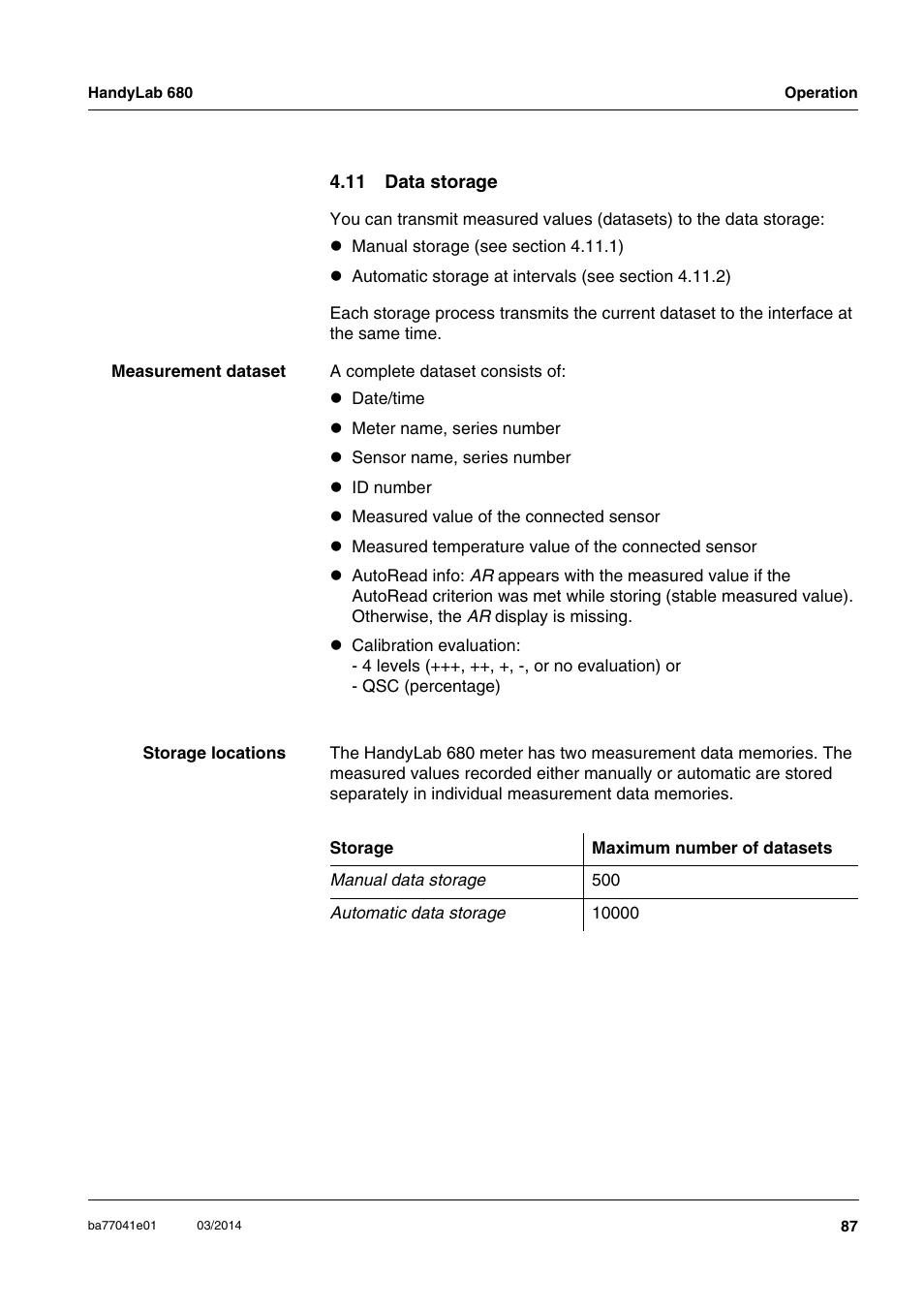 11 data storage, Given in section 4.11 | Xylem HandyLab 680 User Manual | Page 87 / 120