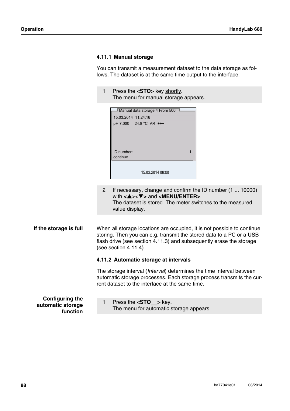 1 manual storage, 2 automatic storage at intervals | Xylem HandyLab 680 User Manual | Page 88 / 120