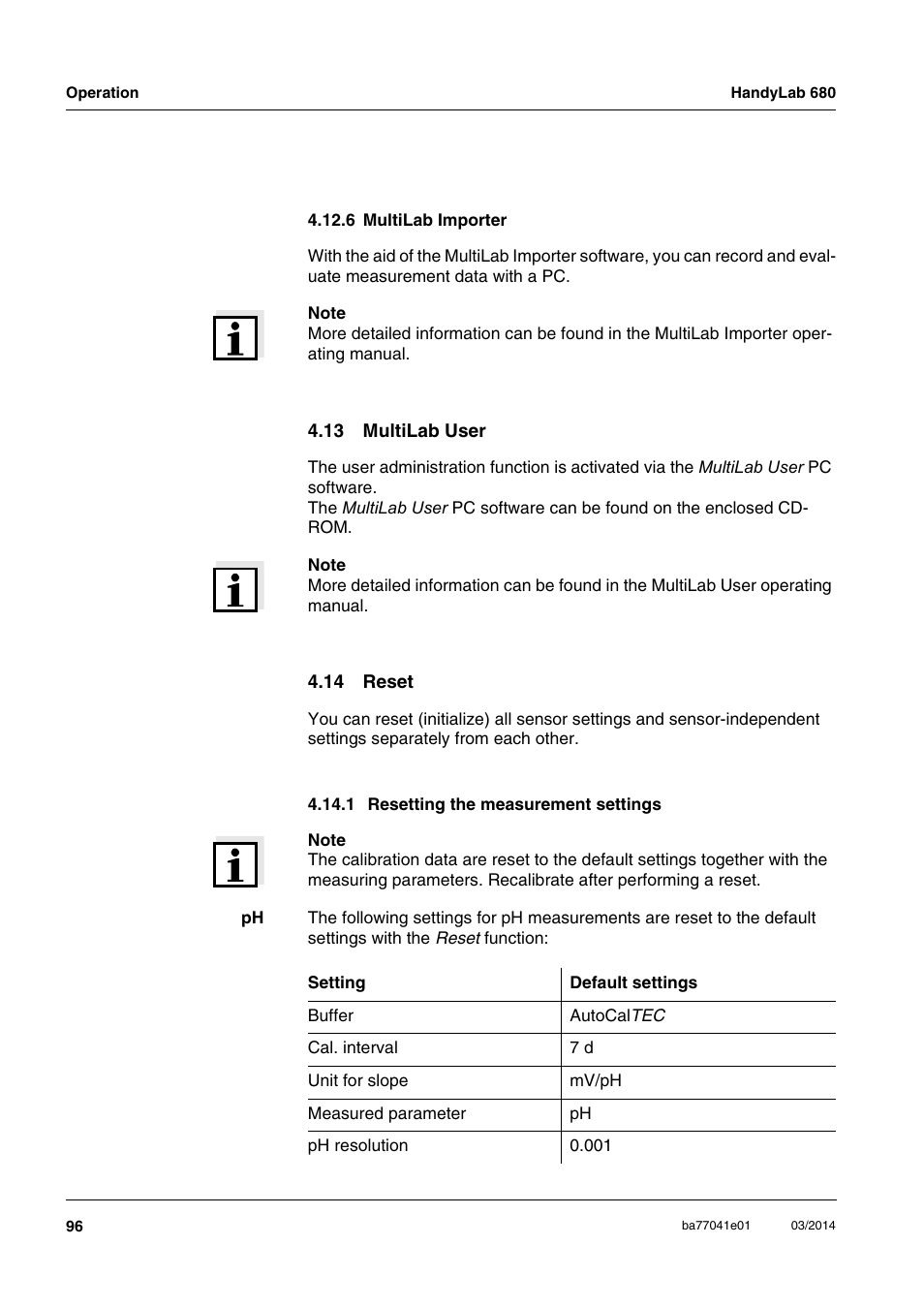 6 multilab importer, 13 multilab user, 14 reset | 1 resetting the measurement settings, 13 multilab user 4.14 reset | Xylem HandyLab 680 User Manual | Page 96 / 120