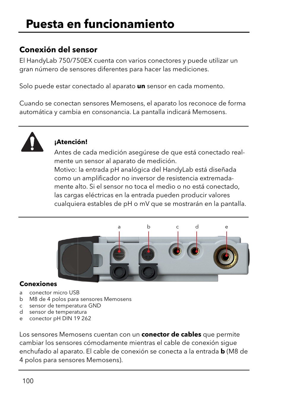 Puesta en funcionamiento, Conexión del sensor | Xylem HandyLab 750(EX) User Manual | Page 100 / 128