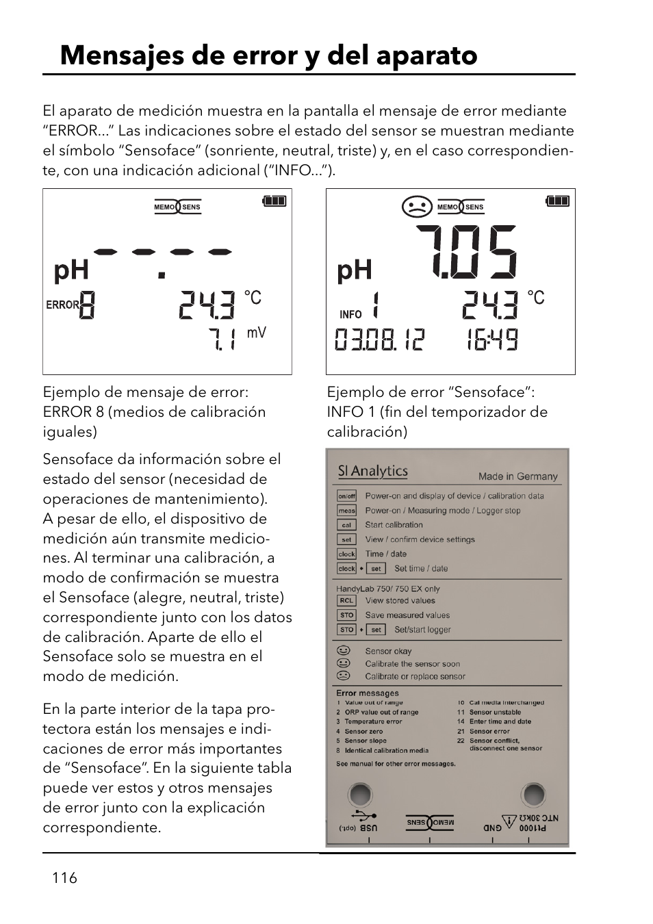 Mensajes de error y del aparato | Xylem HandyLab 750(EX) User Manual | Page 116 / 128