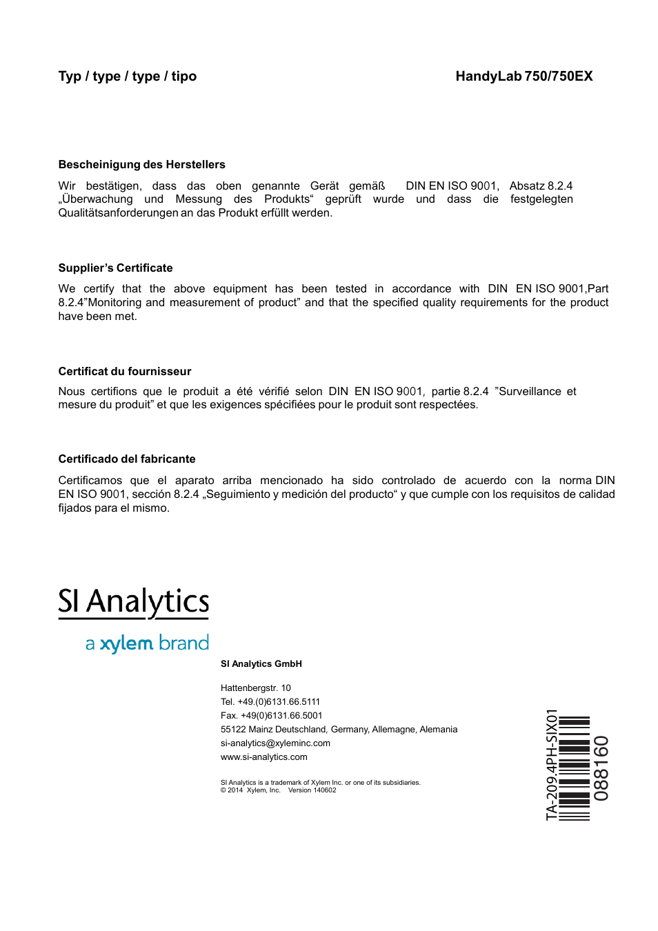 Xylem HandyLab 750(EX) User Manual | Page 128 / 128