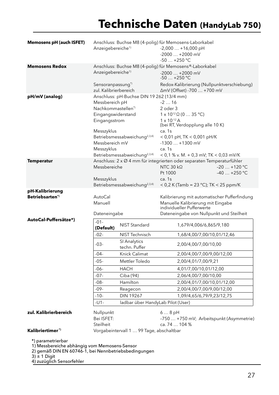 Technische daten, Handylab 750) | Xylem HandyLab 750(EX) User Manual | Page 27 / 128