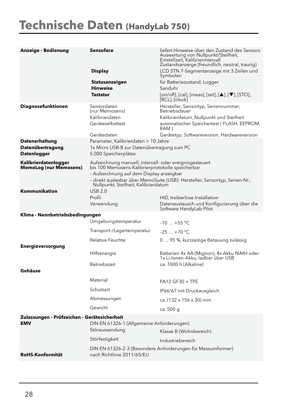 Technische daten, Handylab 750) | Xylem HandyLab 750(EX) User Manual | Page 28 / 128