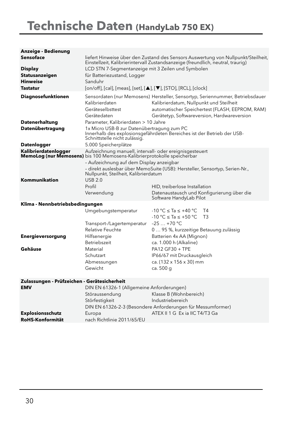 Technische daten, Handylab 750 ex) | Xylem HandyLab 750(EX) User Manual | Page 30 / 128