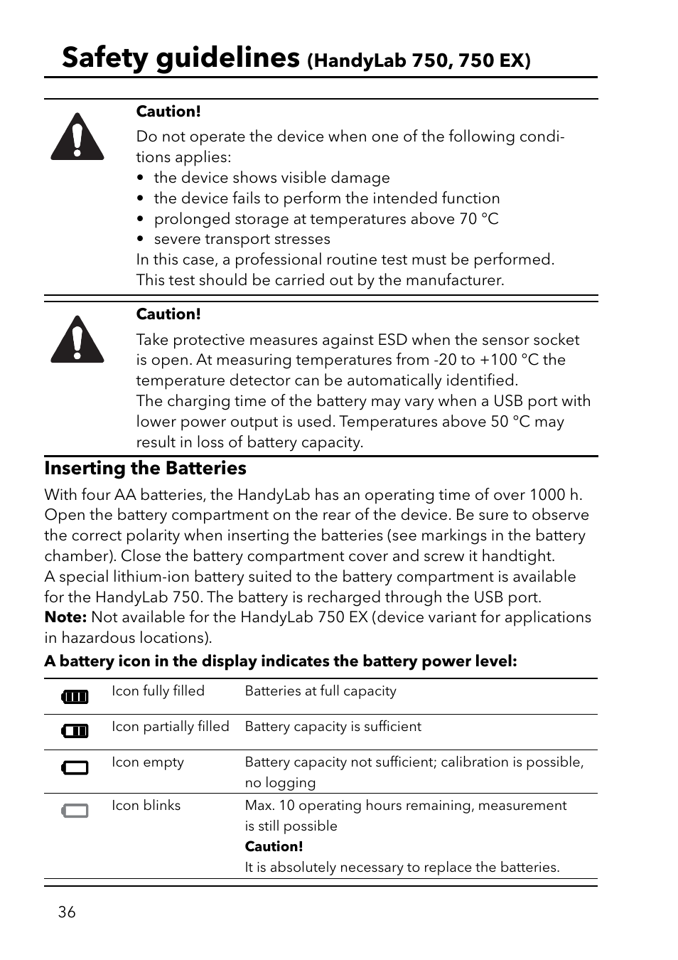 Safety guidelines, Inserting the batteries | Xylem HandyLab 750(EX) User Manual | Page 36 / 128