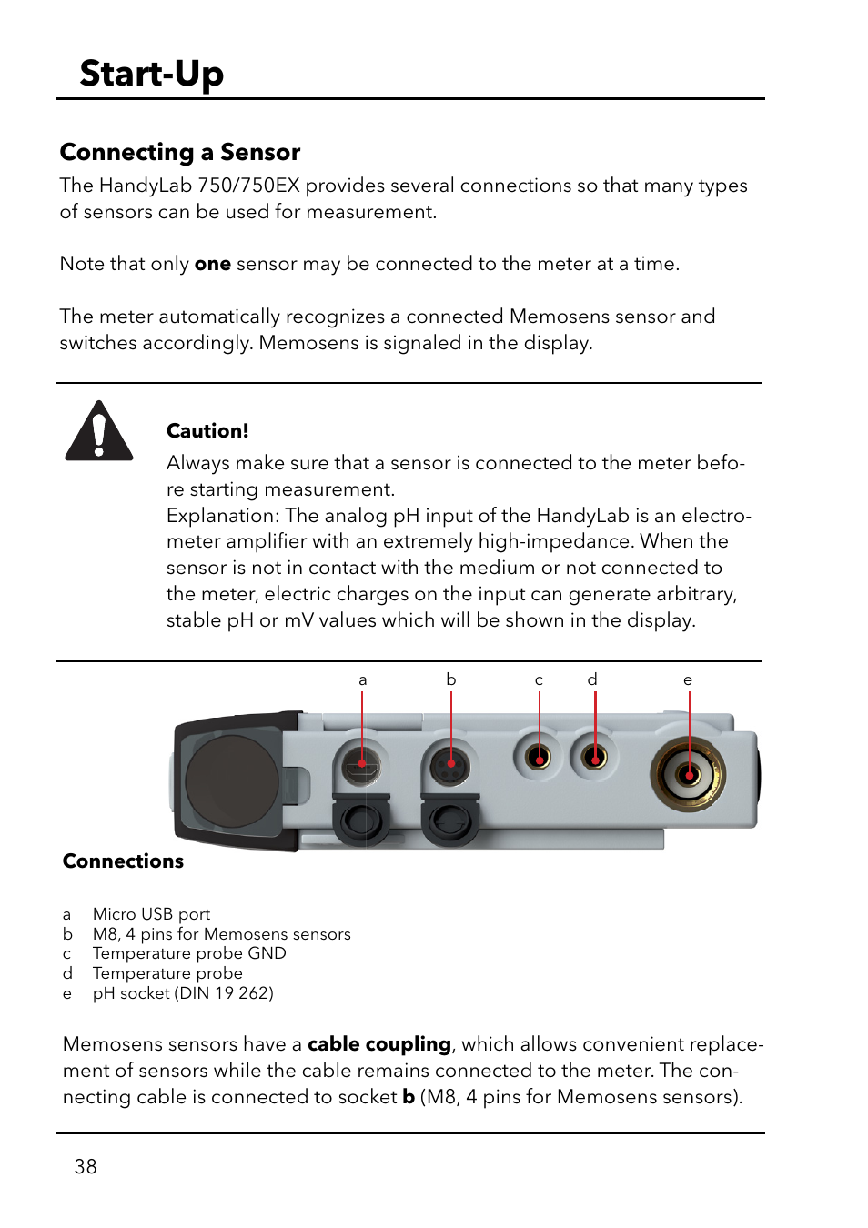 Start-up, Connecting a sensor | Xylem HandyLab 750(EX) User Manual | Page 38 / 128