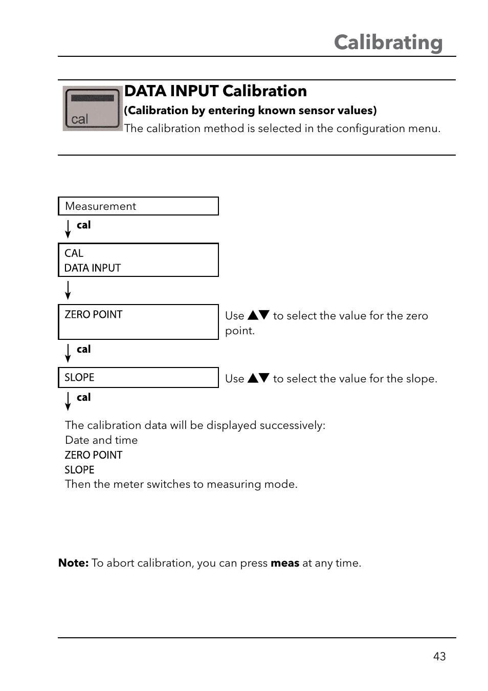 Calibrating, Data input calibration | Xylem HandyLab 750(EX) User Manual | Page 43 / 128