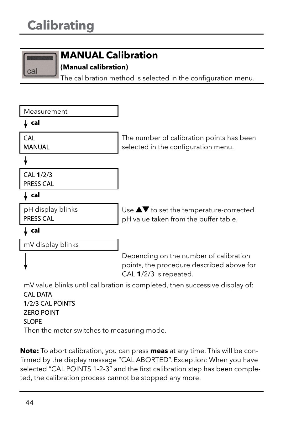 Calibrating, Manual calibration | Xylem HandyLab 750(EX) User Manual | Page 44 / 128