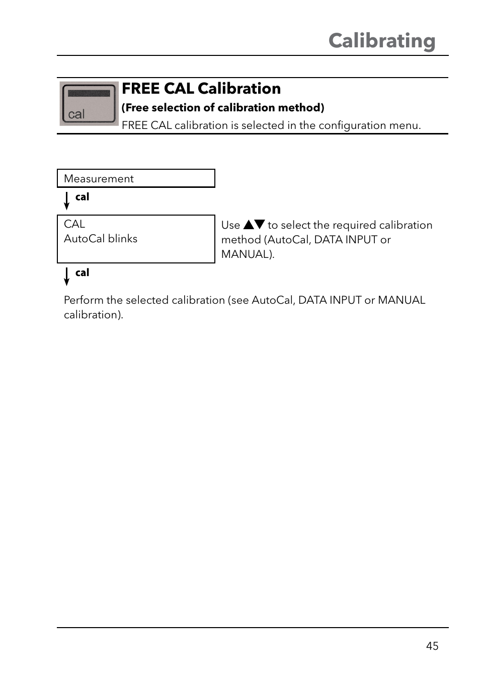 Calibrating, Free cal calibration | Xylem HandyLab 750(EX) User Manual | Page 45 / 128