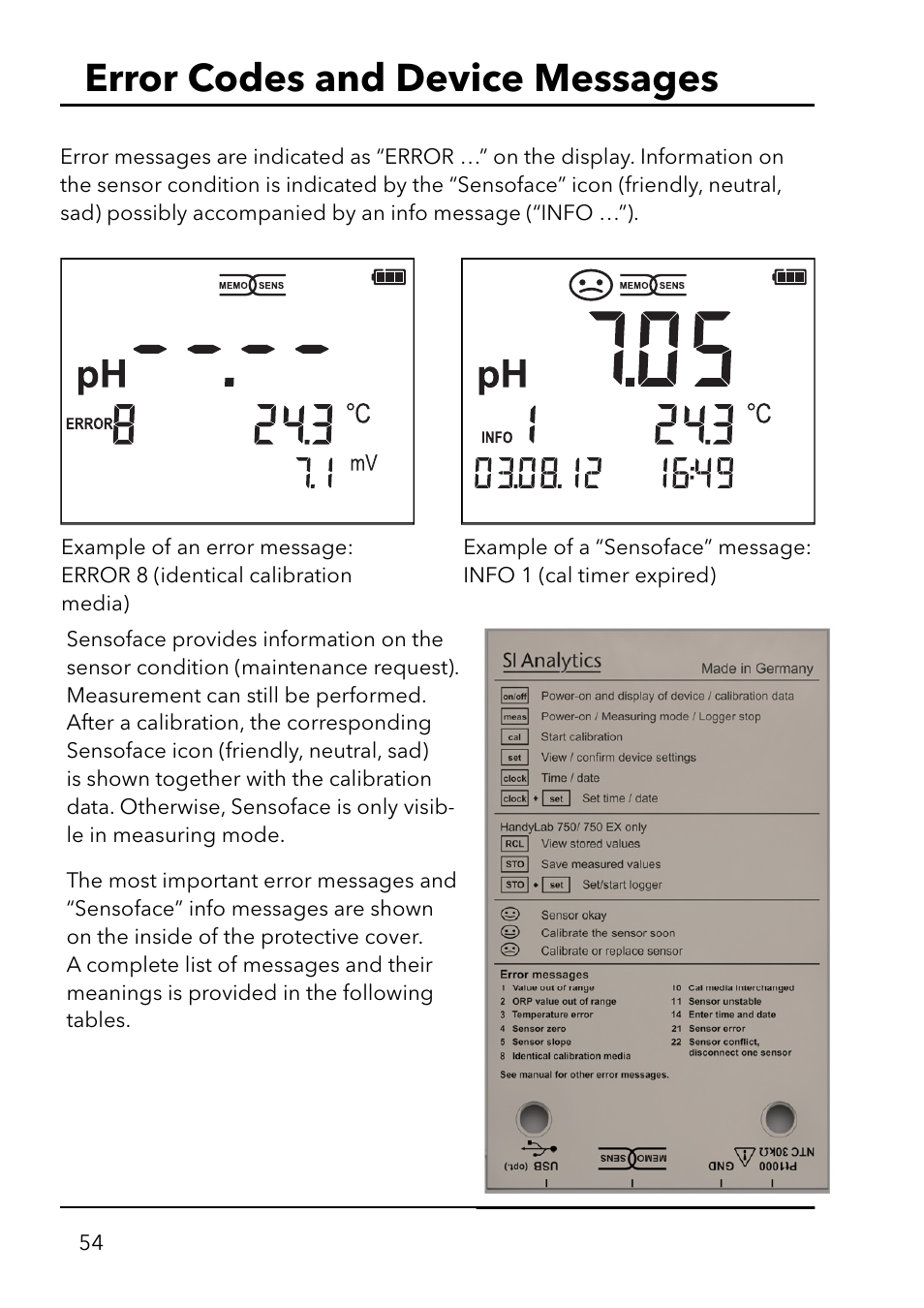 Error codes and device messages | Xylem HandyLab 750(EX) User Manual | Page 54 / 128