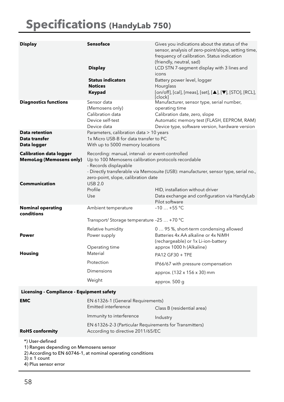 Speciﬁ cations, Handylab 750) | Xylem HandyLab 750(EX) User Manual | Page 58 / 128