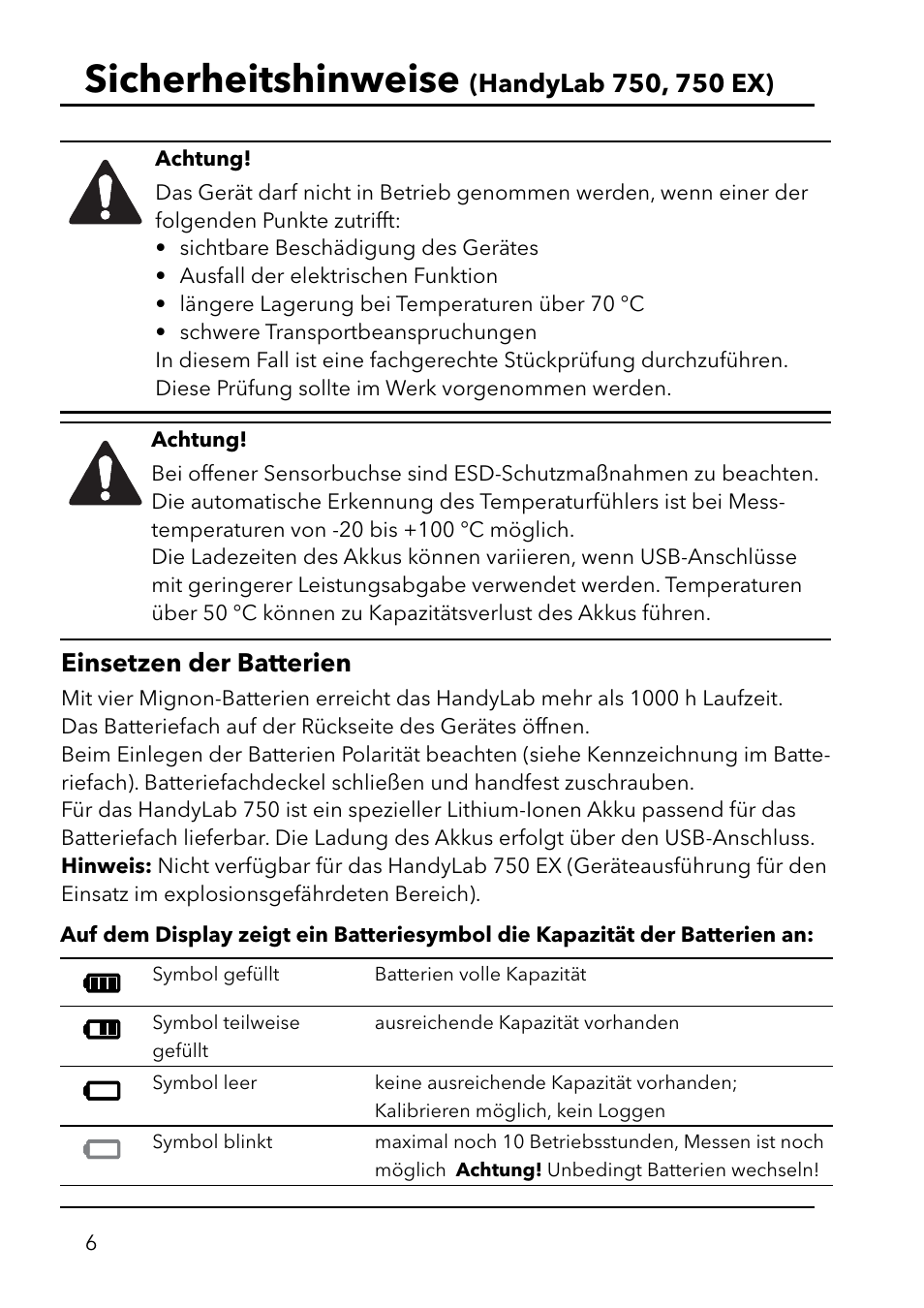 Sicherheitshinweise, Einsetzen der batterien | Xylem HandyLab 750(EX) User Manual | Page 6 / 128