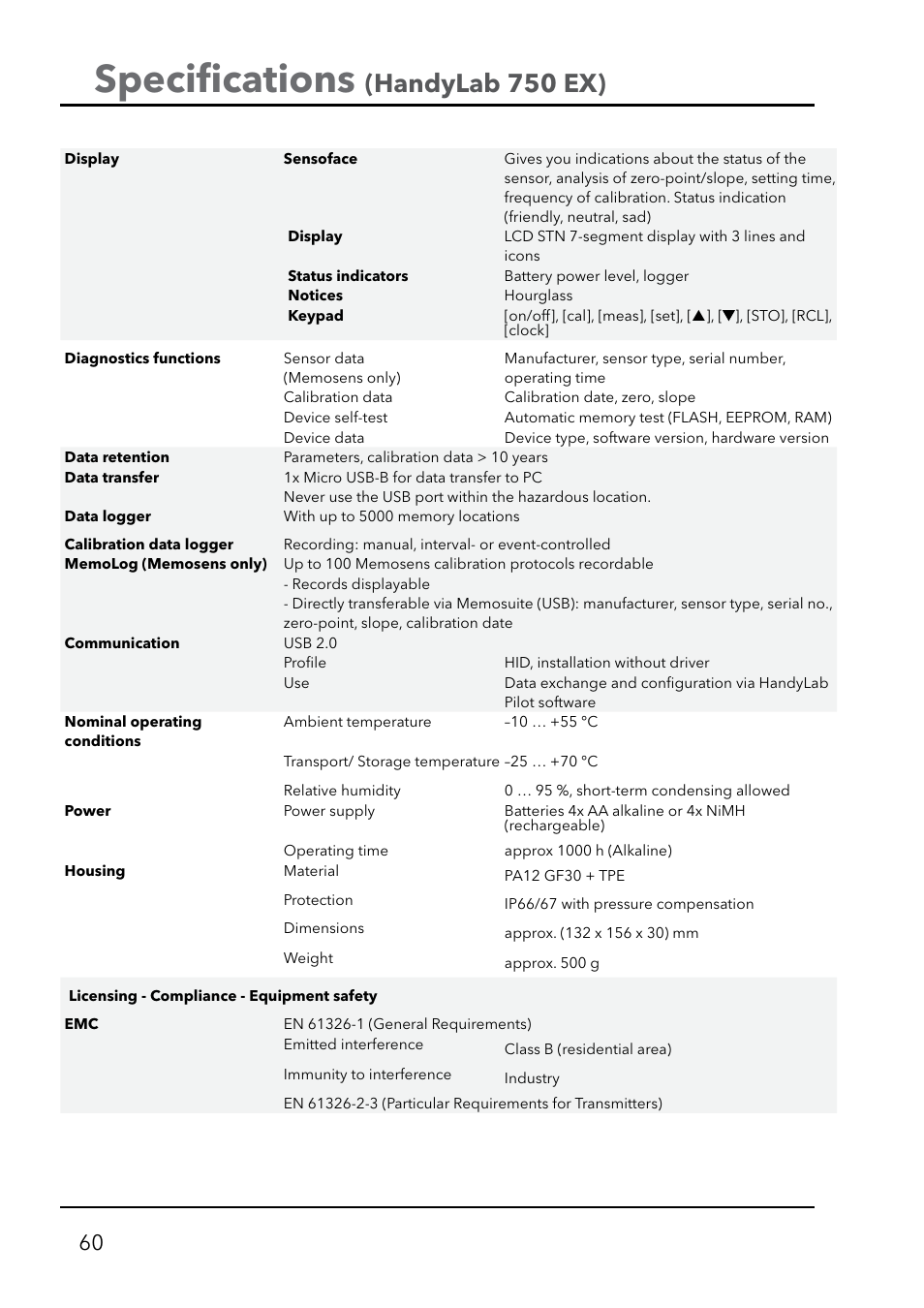 Speciﬁ cations, Handylab 750 ex) | Xylem HandyLab 750(EX) User Manual | Page 60 / 128