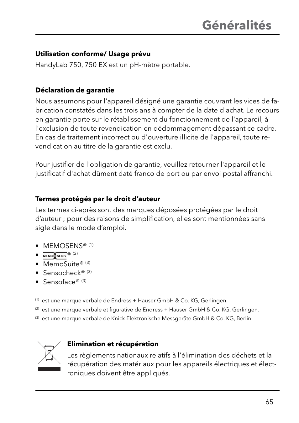 Généralités | Xylem HandyLab 750(EX) User Manual | Page 65 / 128