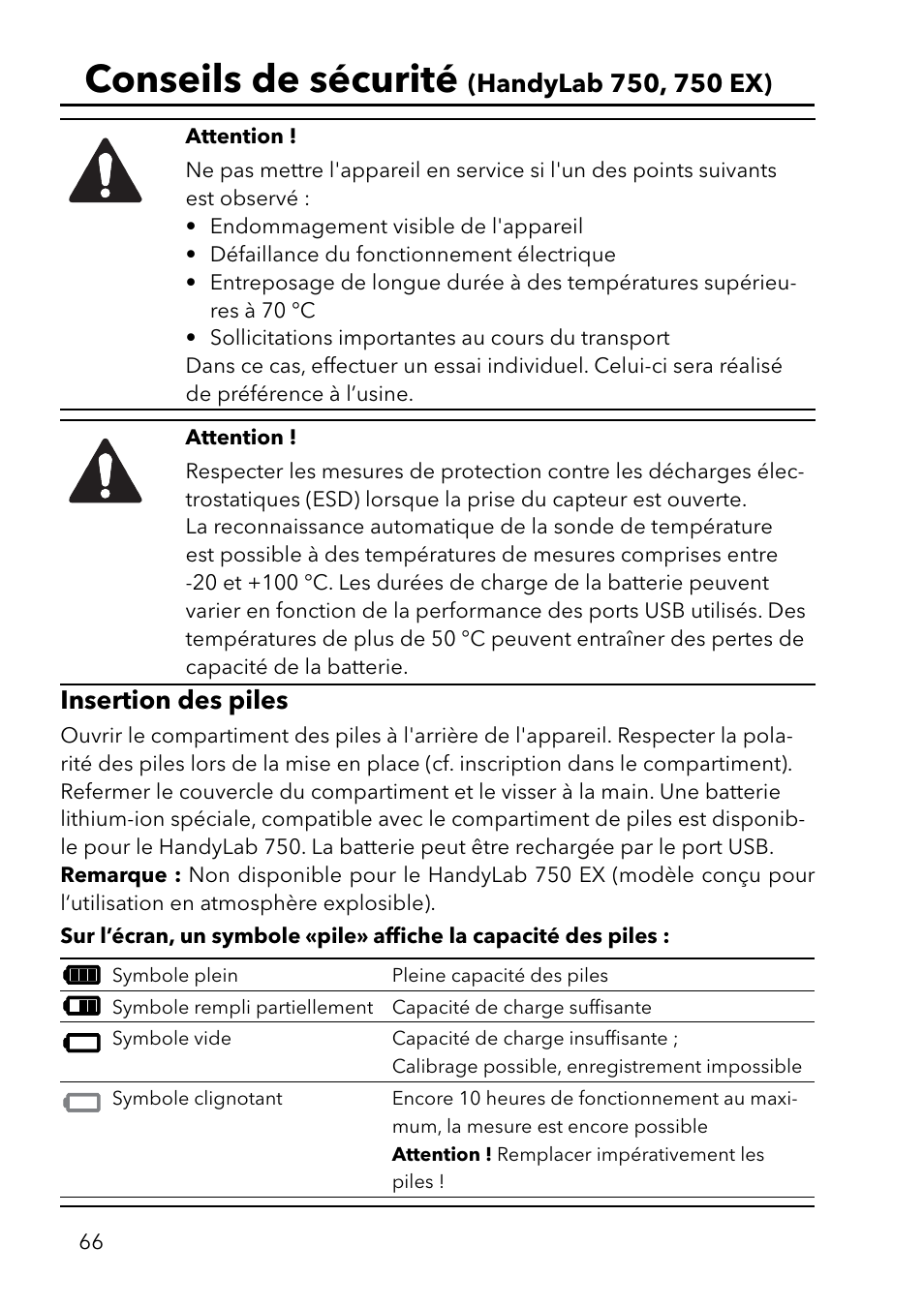 Conseils de sécurité, Insertion des piles | Xylem HandyLab 750(EX) User Manual | Page 66 / 128