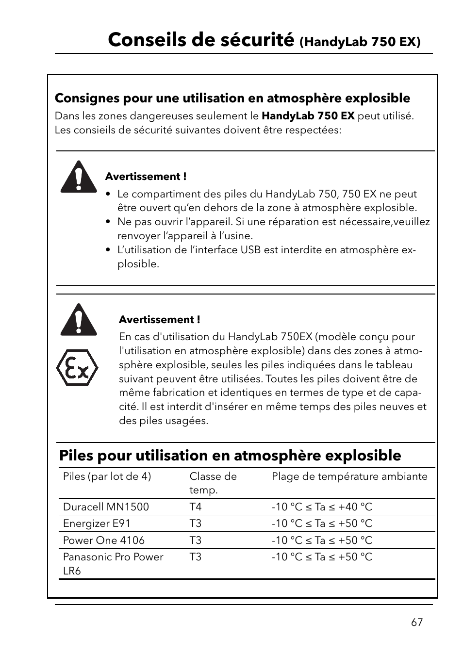 Conseils de sécurité, Piles pour utilisation en atmosphère explosible | Xylem HandyLab 750(EX) User Manual | Page 67 / 128