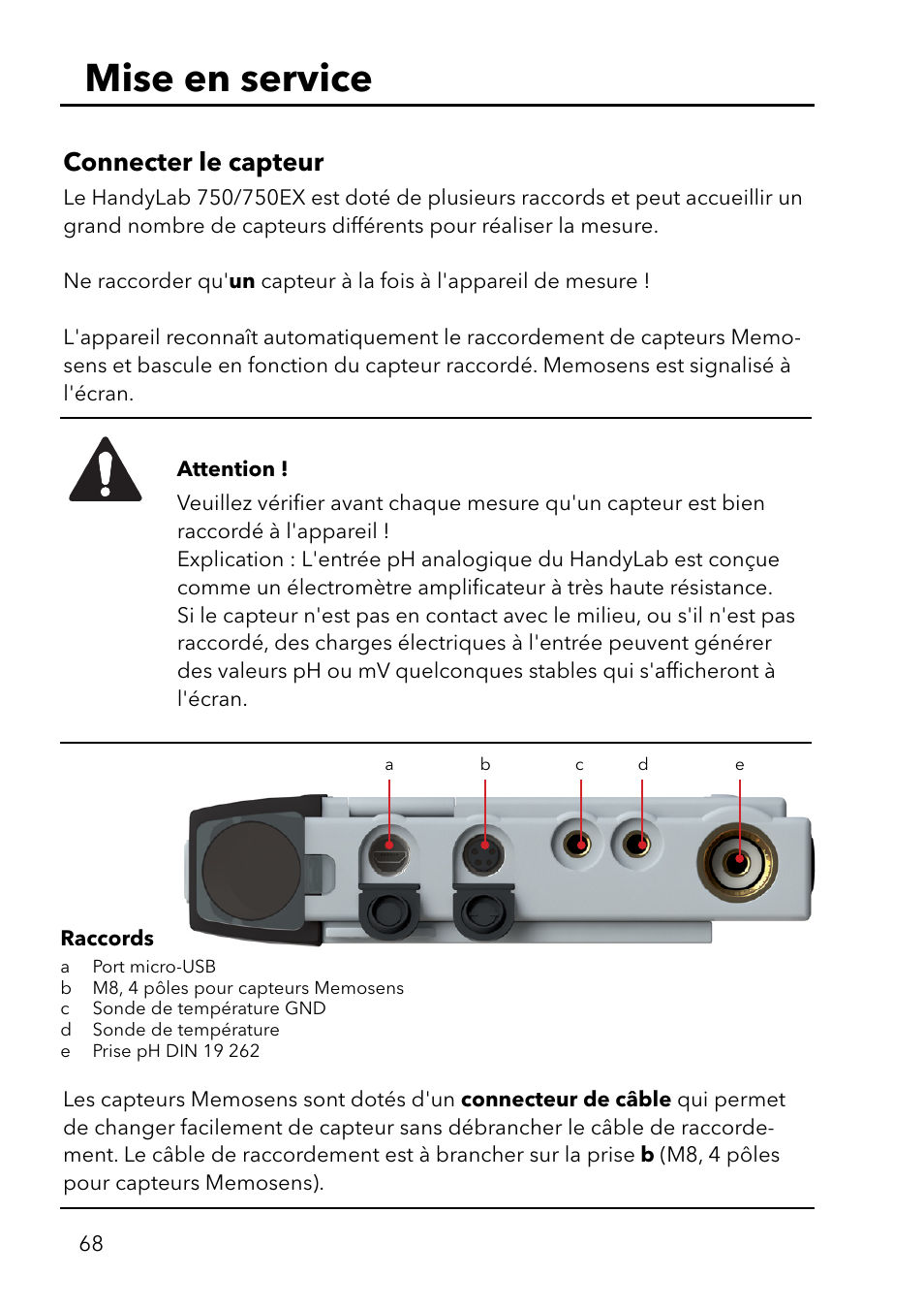 Mise en service, Connecter le capteur | Xylem HandyLab 750(EX) User Manual | Page 68 / 128