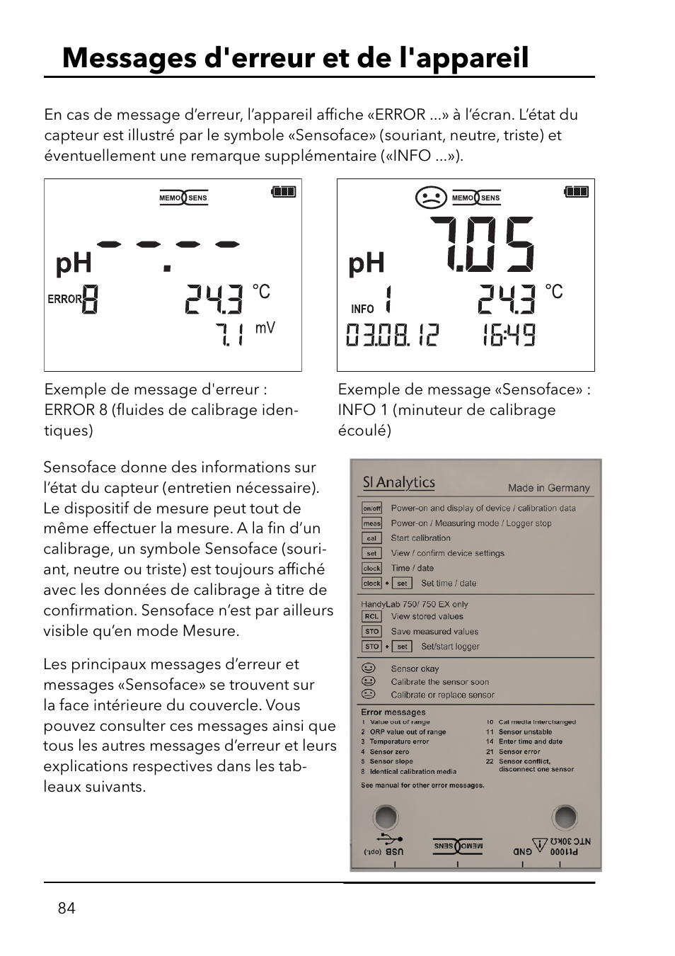 Messages d'erreur et de l'appareil | Xylem HandyLab 750(EX) User Manual | Page 84 / 128