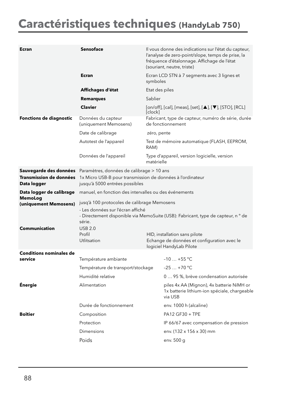 Caractéristiques techniques, Handylab 750) | Xylem HandyLab 750(EX) User Manual | Page 88 / 128