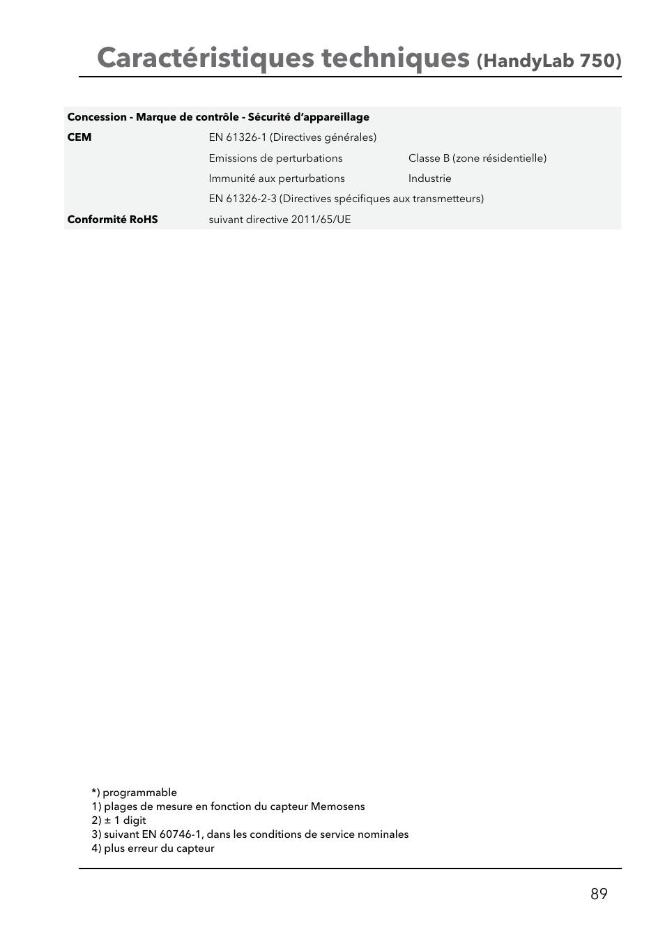 Caractéristiques techniques, Handylab 750) | Xylem HandyLab 750(EX) User Manual | Page 89 / 128