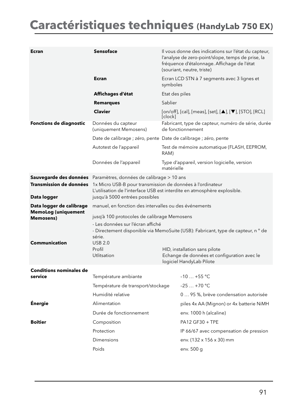 Caractéristiques techniques, Handylab 750 ex) | Xylem HandyLab 750(EX) User Manual | Page 91 / 128