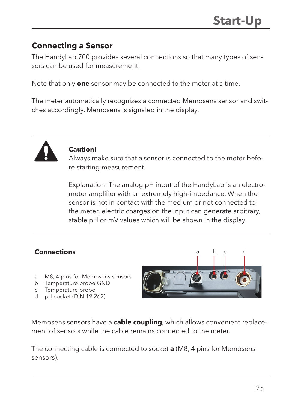 Start-up, Connecting a sensor | Xylem HandyLab 700 User Manual | Page 25 / 76