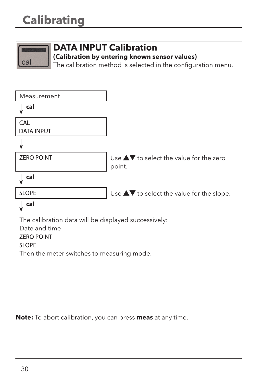 Calibrating, Data input calibration | Xylem HandyLab 700 User Manual | Page 30 / 76