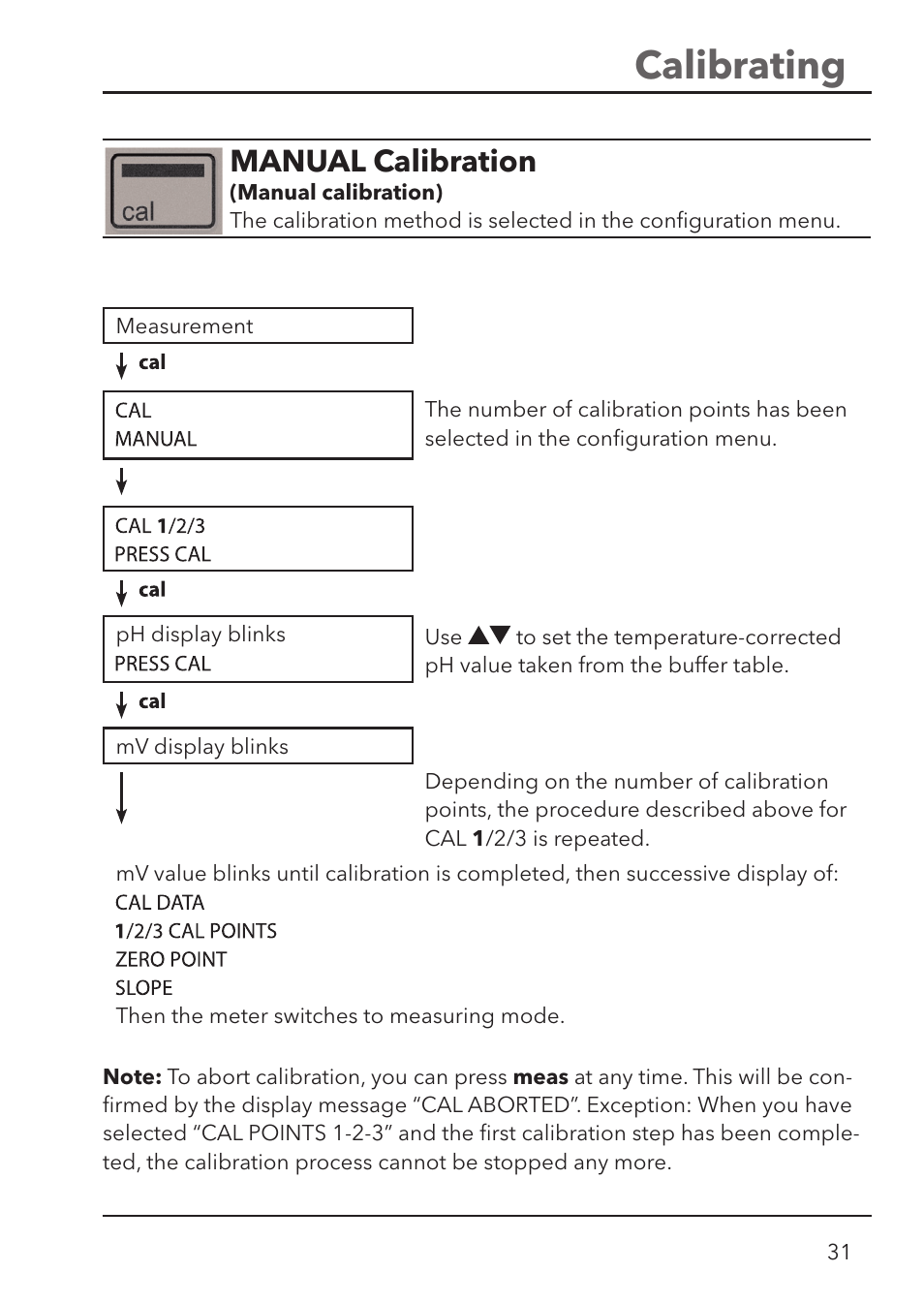 Calibrating, Manual calibration | Xylem HandyLab 700 User Manual | Page 31 / 76