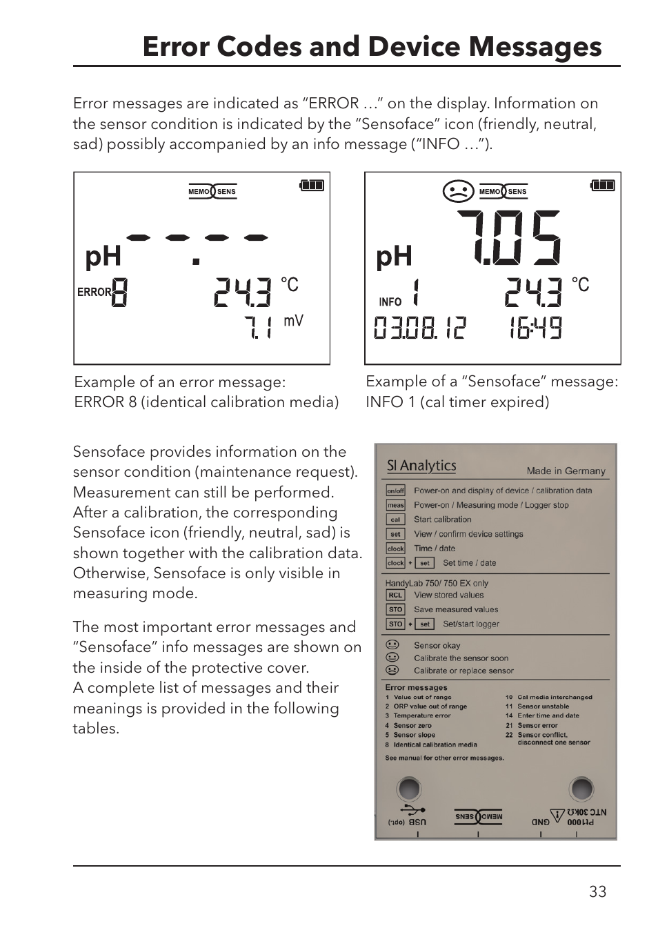 Error codes and device messages | Xylem HandyLab 700 User Manual | Page 33 / 76