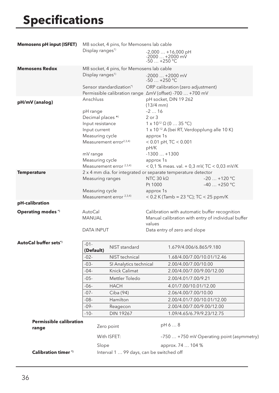 Speciﬁ cations | Xylem HandyLab 700 User Manual | Page 36 / 76