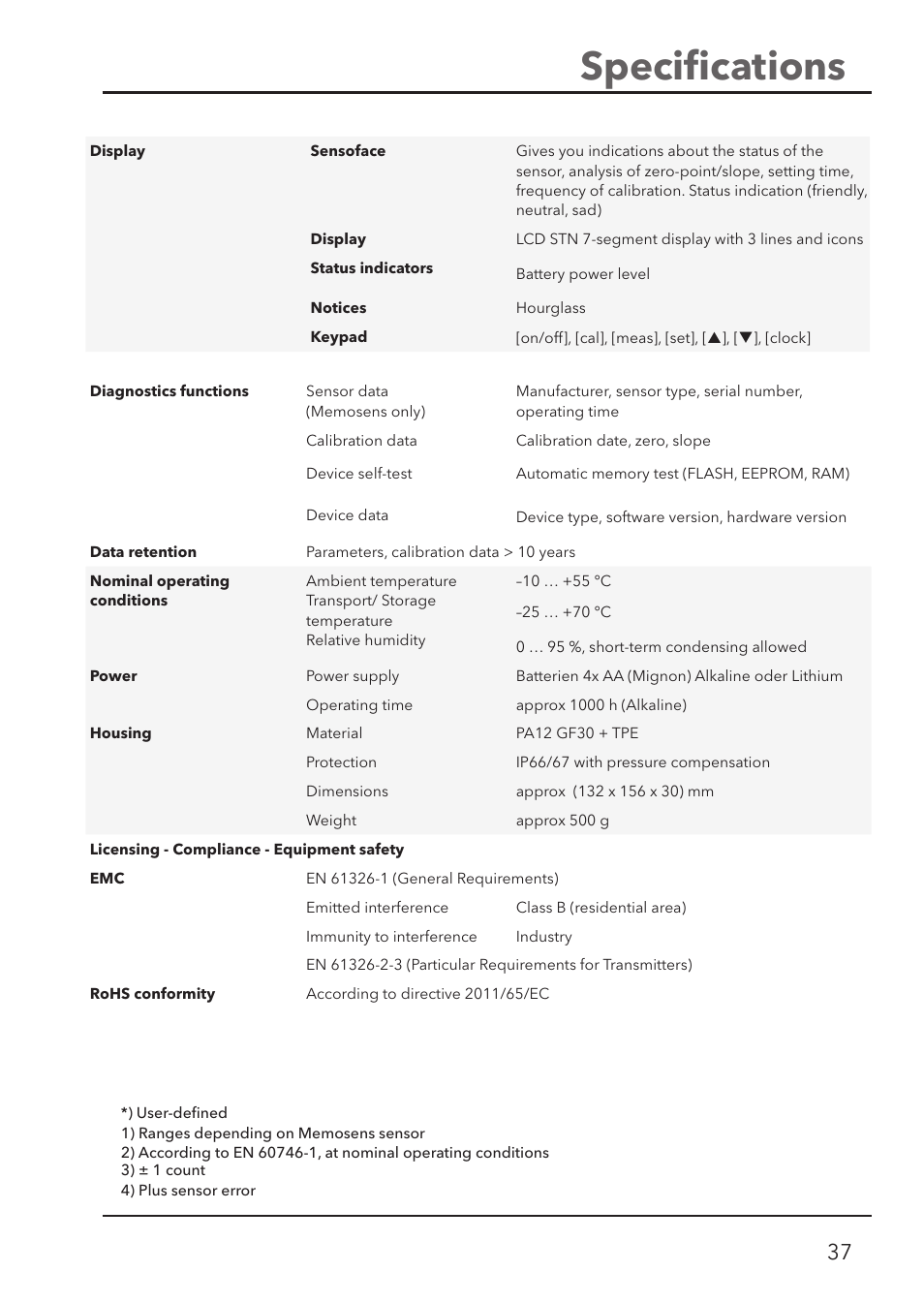 Speciﬁ cations | Xylem HandyLab 700 User Manual | Page 37 / 76