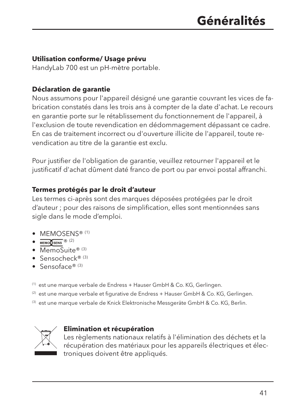 Généralités | Xylem HandyLab 700 User Manual | Page 41 / 76