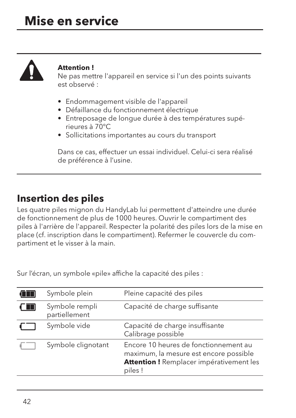 Mise en service, Insertion des piles | Xylem HandyLab 700 User Manual | Page 42 / 76