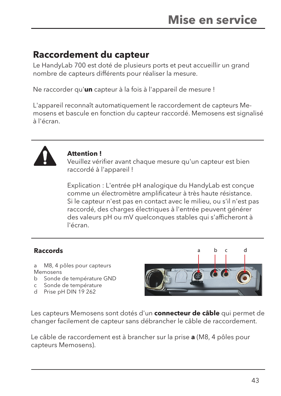 Mise en service, Raccordement du capteur | Xylem HandyLab 700 User Manual | Page 43 / 76